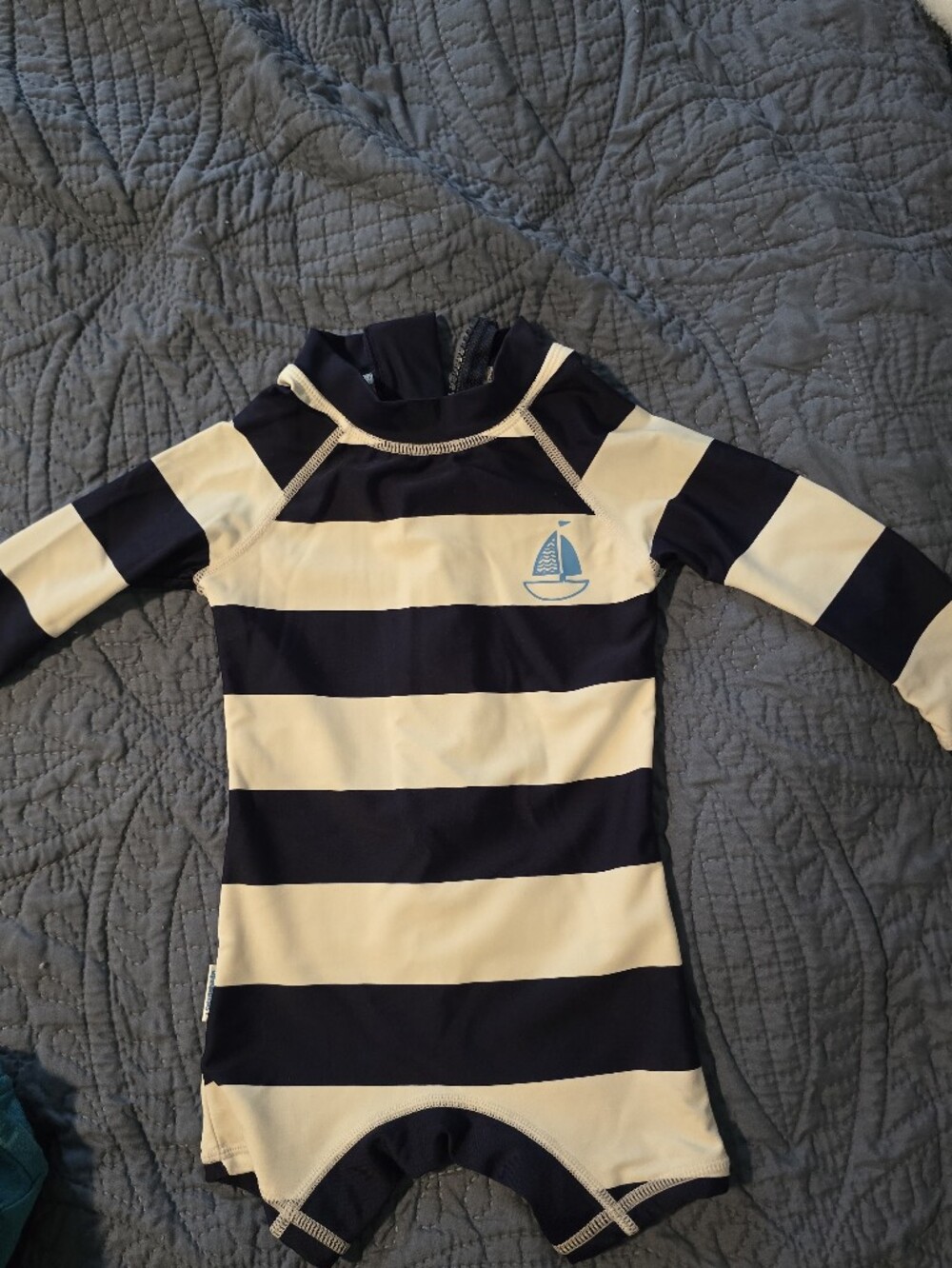 Wanderlust Navy and Cream Striped Rash Guard with Sail Logo